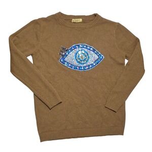 Vinizbena Women's Brown Knit Sweater XL sequin blue white silver evil eye patch